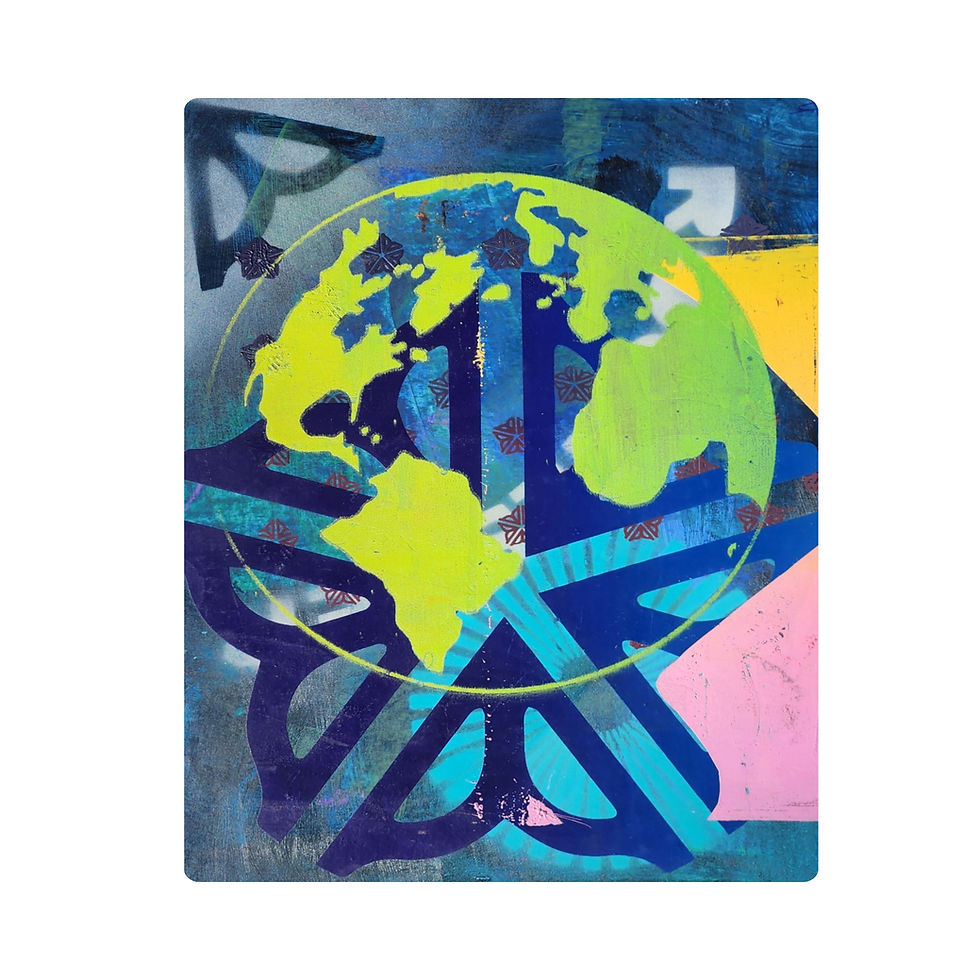 One-of-a-kind Neon Globe Flower Print showing the neon green globe over a blue/pink abstract with floral graphics, 18x24 in.