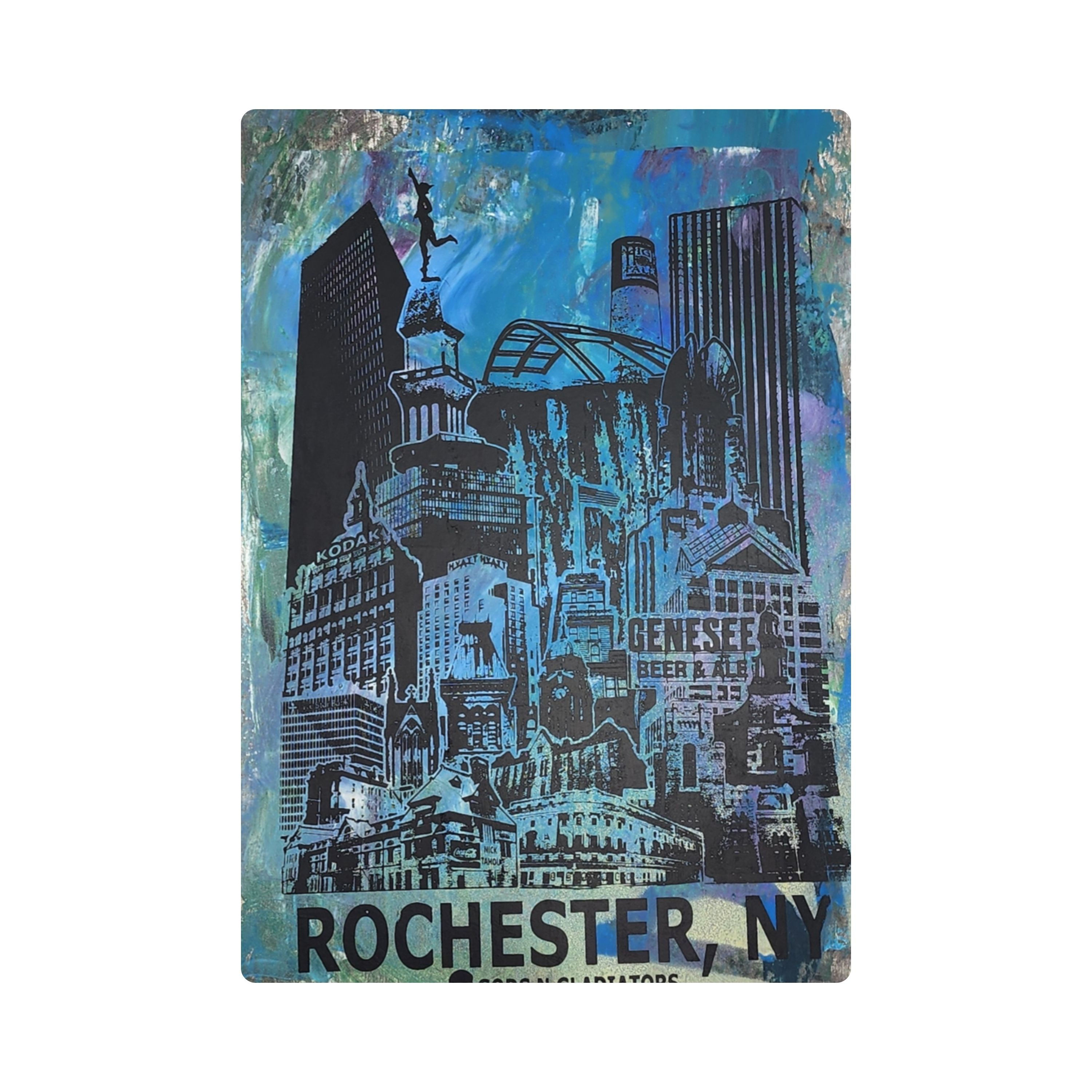 OOAK 13x19" ROC Skyline print. Original hand screen printed art in vivid blue, black, and teal colors.
