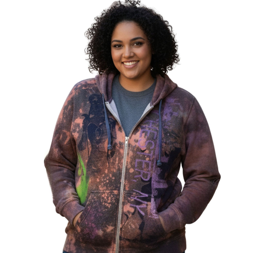 Front view of the 2XL multi-color Zip-Up Hoodie on a model, highlighting the ROC Goddess and vertical ROCHESTER, NY text.