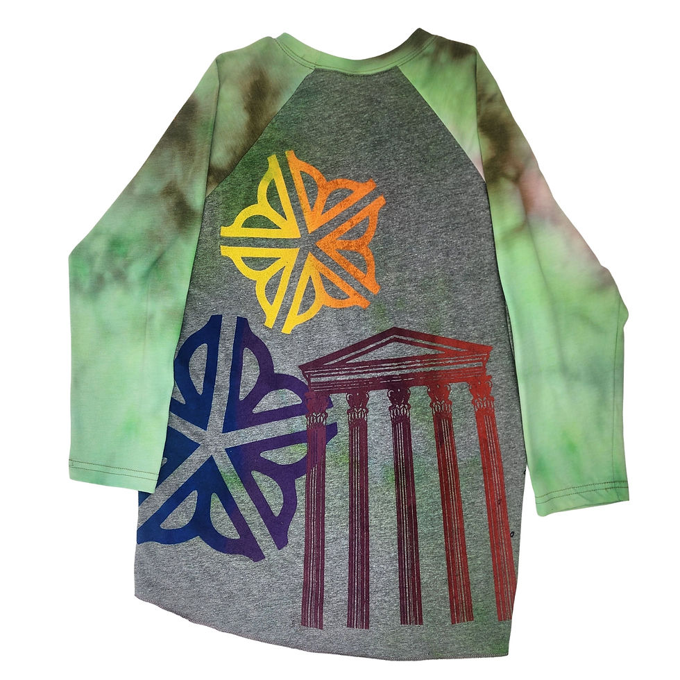 Thumbnail: Front view on a mannequin of a size small hand-dyed baseball tee with original screen-printed mythological and city-themed ar