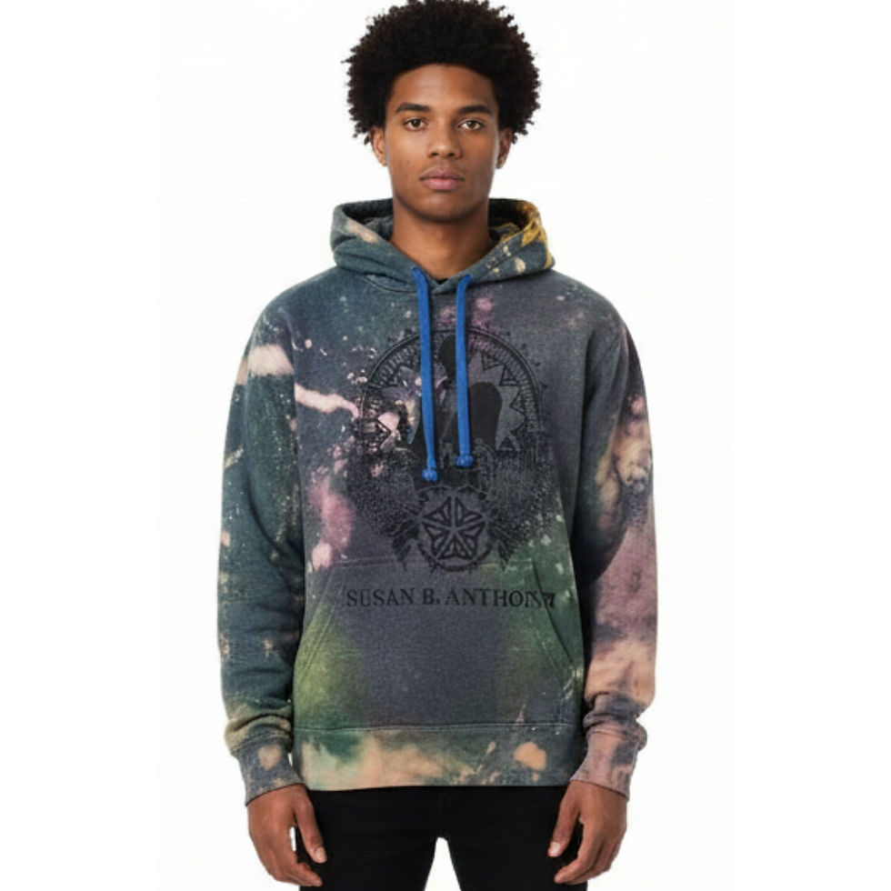 Front view of the S dark bleach-dyed pullover hoodie featuring the Susan B. Anthony graphic and a model.