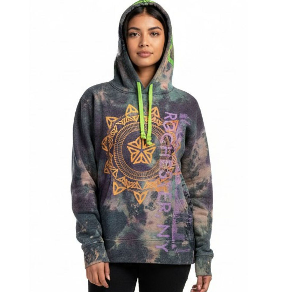 Front view of the XS dark multi-color bleach-dyed pullover hoodie featuring the orange ROC Mandala & a model wearing it.