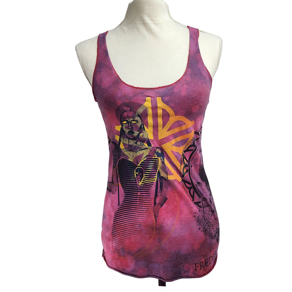 Front view of an X-Small Hot Pink Tie-Dye Tank with a female portrait and 'ROC' Mandala graphic.