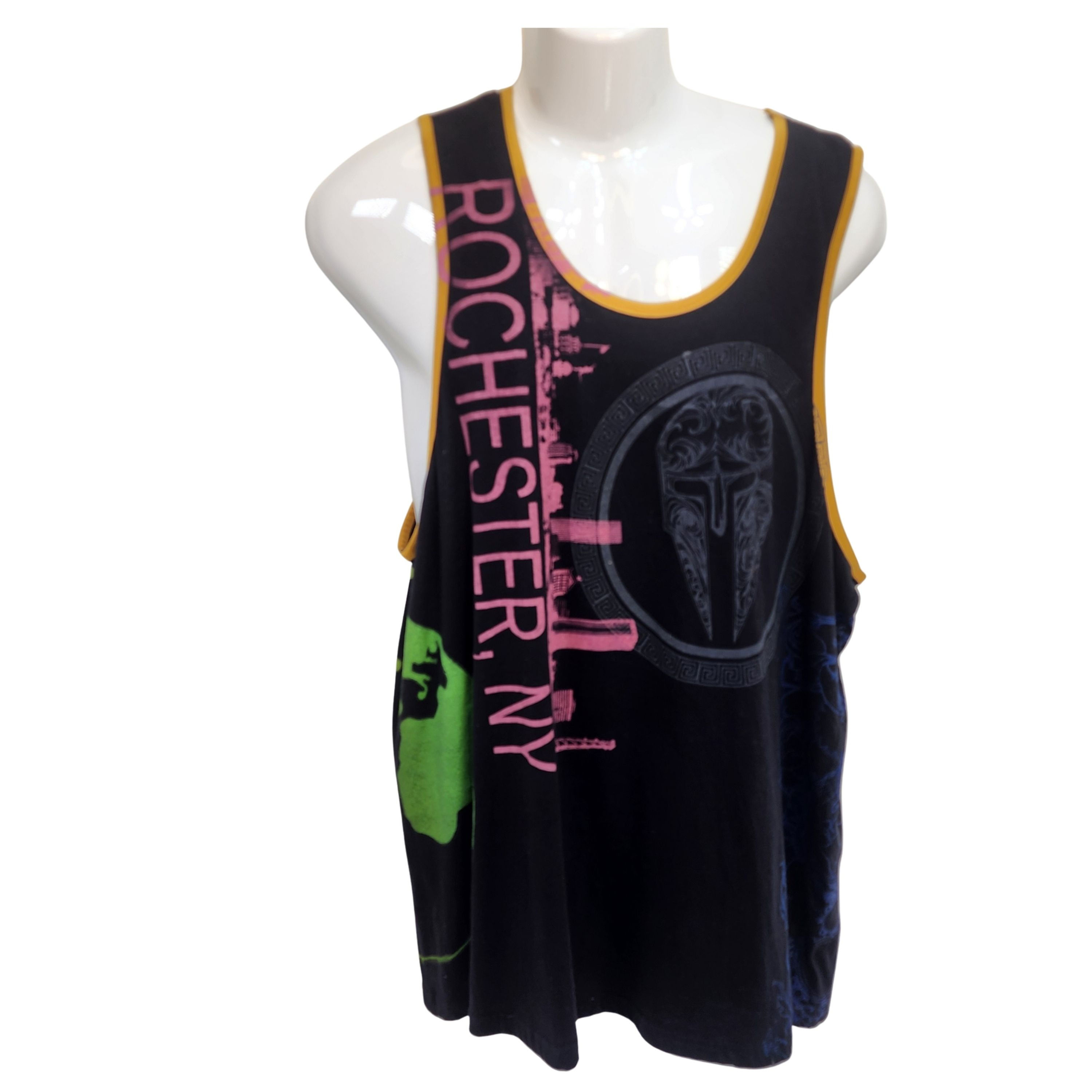 Front view of the 2XL tank on a mannequin, showing the gray Gladiator helmet logo and purple vertical ROCHESTER text.