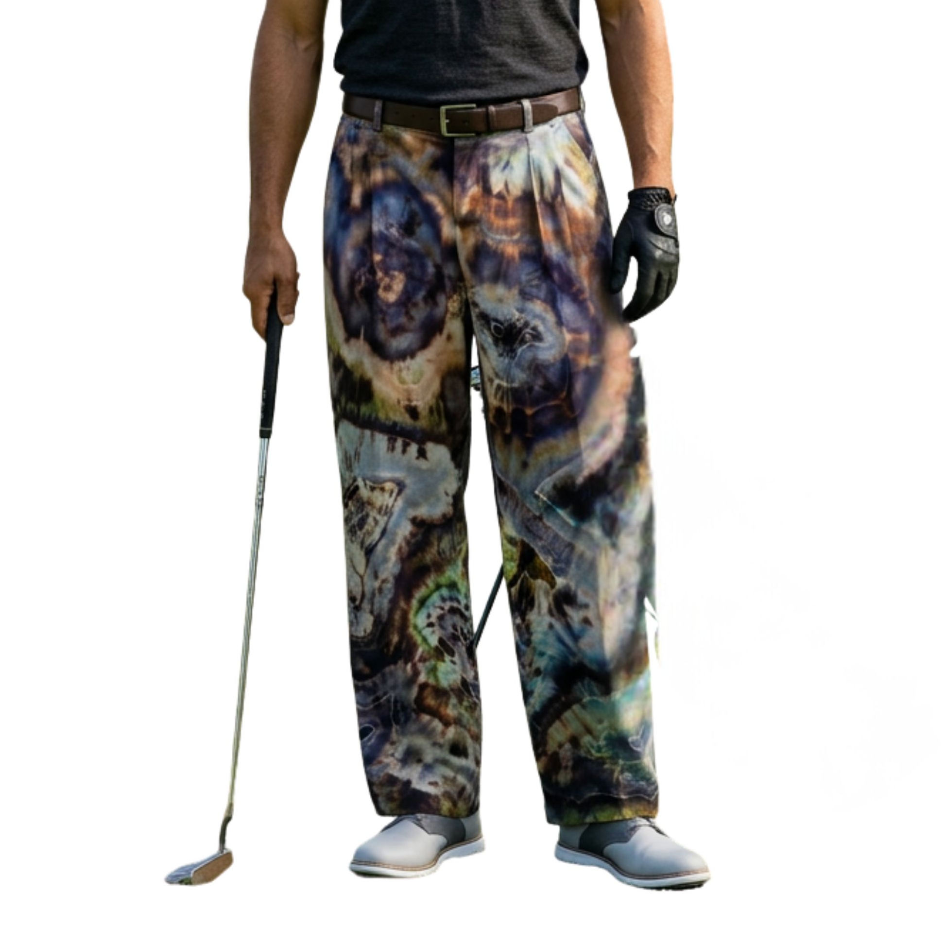 Male model wearing reworked vintage Claiborne pants on a golf course, styled with a belt and golf bag for a unique "art-to-we