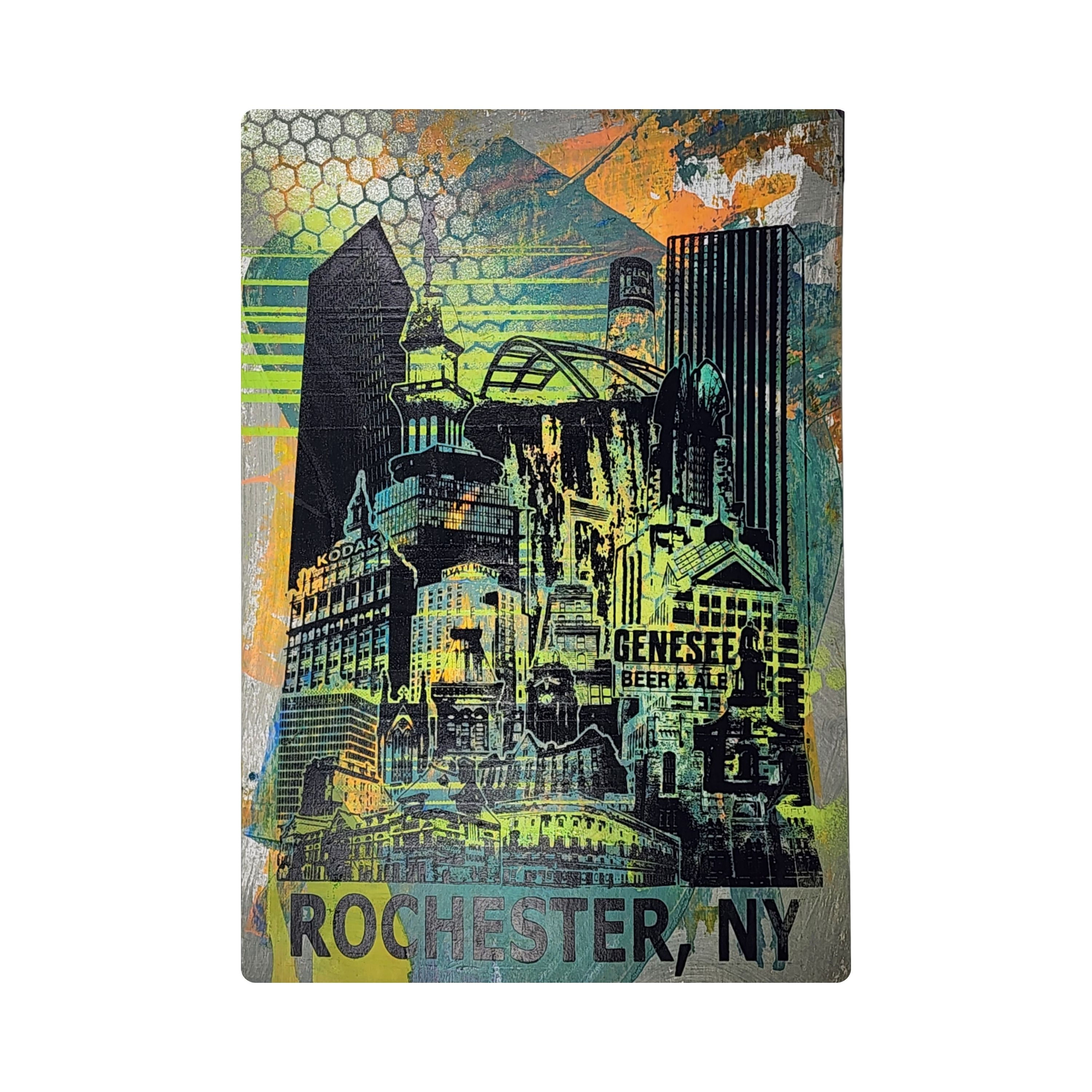 OOAK 13x19" ROC Skyline print. Original hand screen printed poster art with neon yellow, teal, and gray.