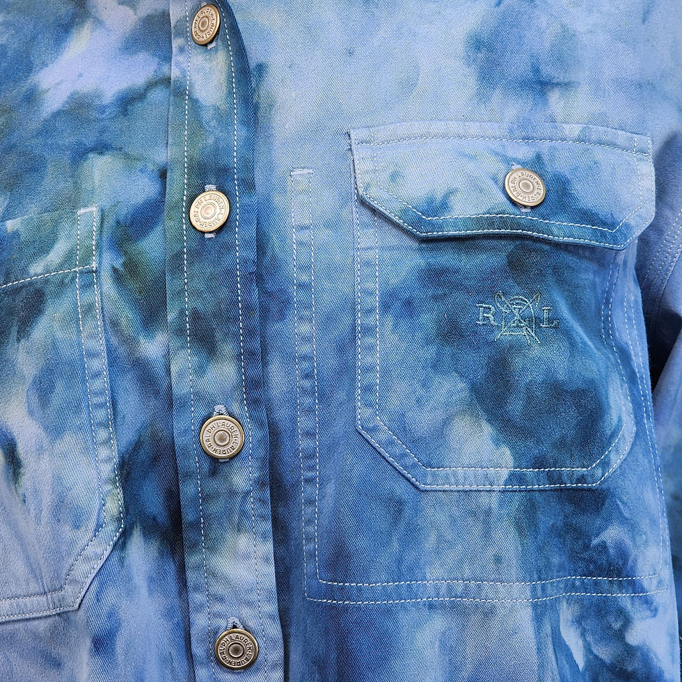 Thumbnail: Detail shot of the original Lauren Ralph Lauren size M tag and the SQRL sustainable reworked low-impact branding.