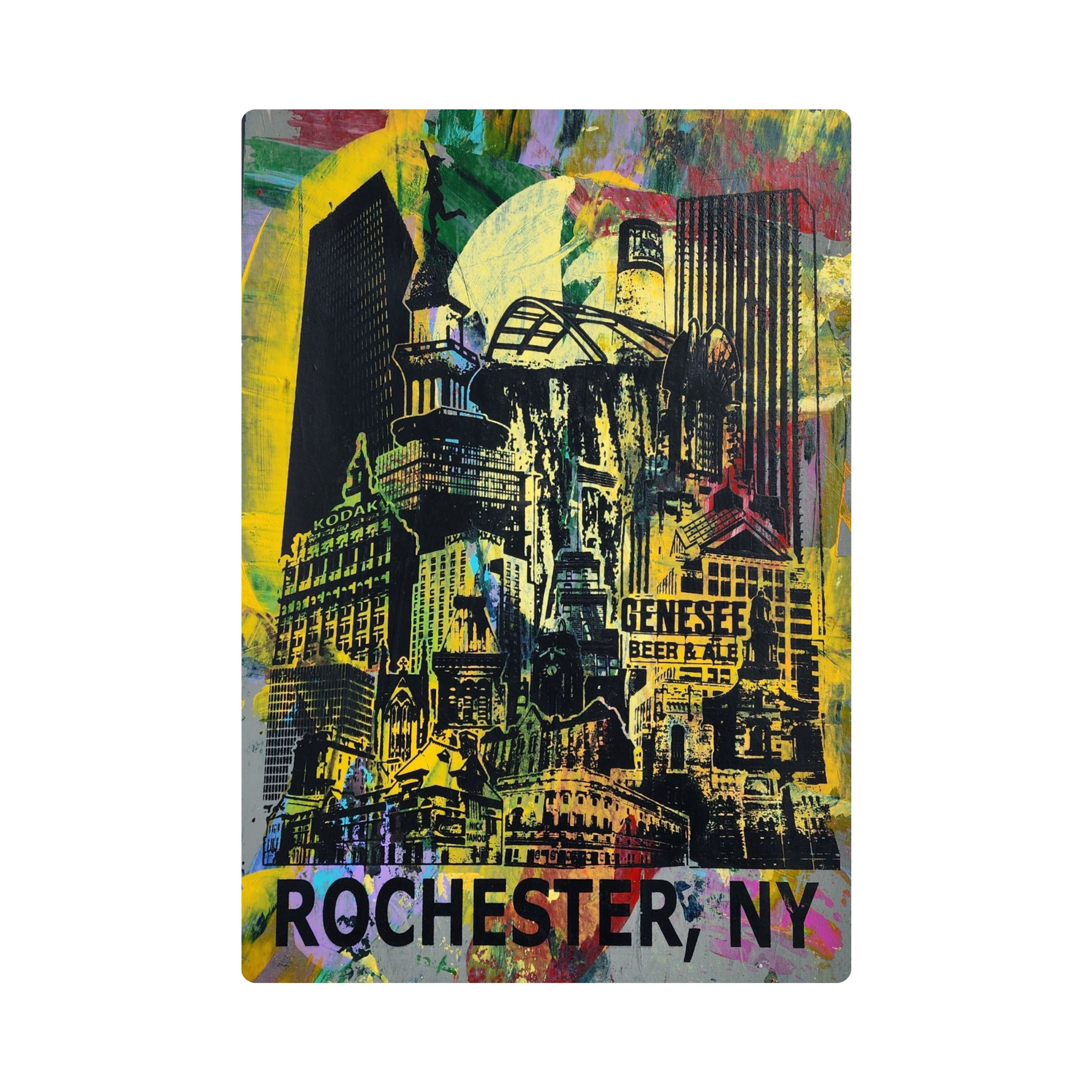 OOAK 13x19" ROC Skyline print. Original hand screen printed poster art with yellow, red, and purple colors.