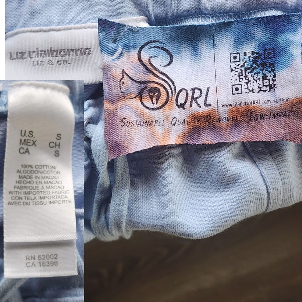 Thumbnail: Composite image showing original Liz Claiborne labels and the SQRL Style sustainable rework tag on the reworked vintage Liz.