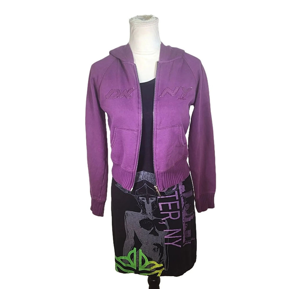 Thumbnail: Front view of the purple DKNY zip-up sweatshirt, showing the zipper and the DKNY logo graphic. (Condition: NWT, Y2K)