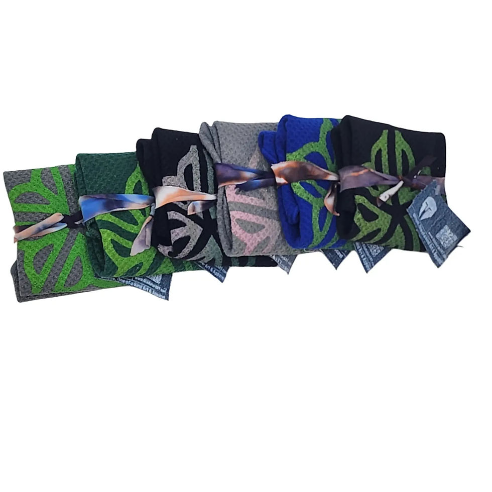 Thumbnail: Folded golf towels gift packaged with ribbon showing screenprinted Rochester NY Flower City logo.
