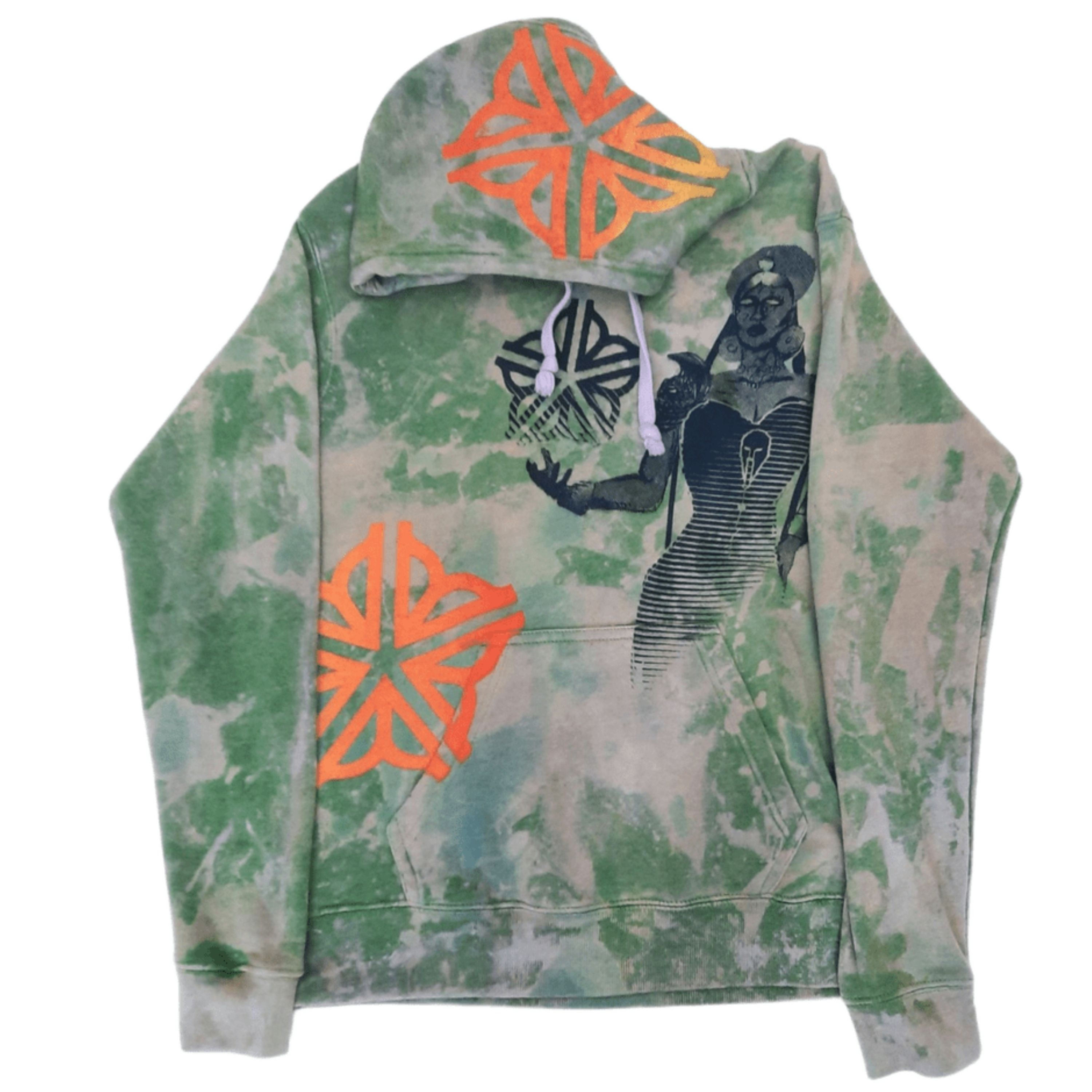 Flat front view of unisex M tie-dye hoodie with Goddess Rhea screen print