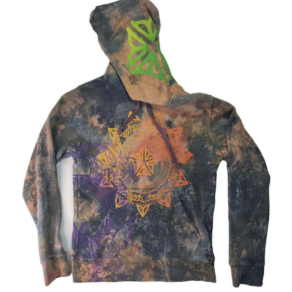 Front view of the XS dark bleach-dyed pullover hoodie featuring the orange/yellow ROC Mandala.