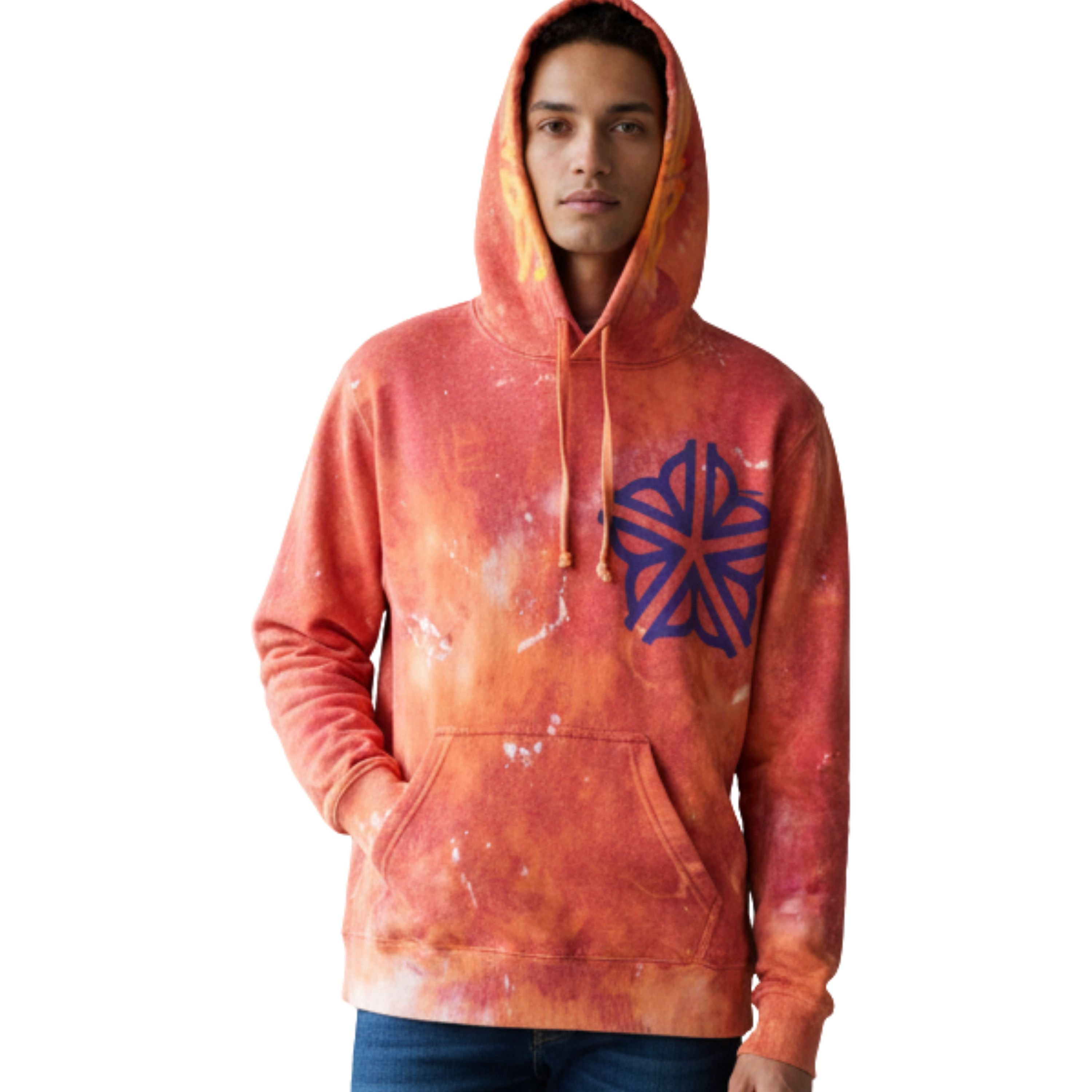 Front view of the XL orange tie-dyed pullover hoodie featuring the purple ROC Flower Logo graphic on a model.