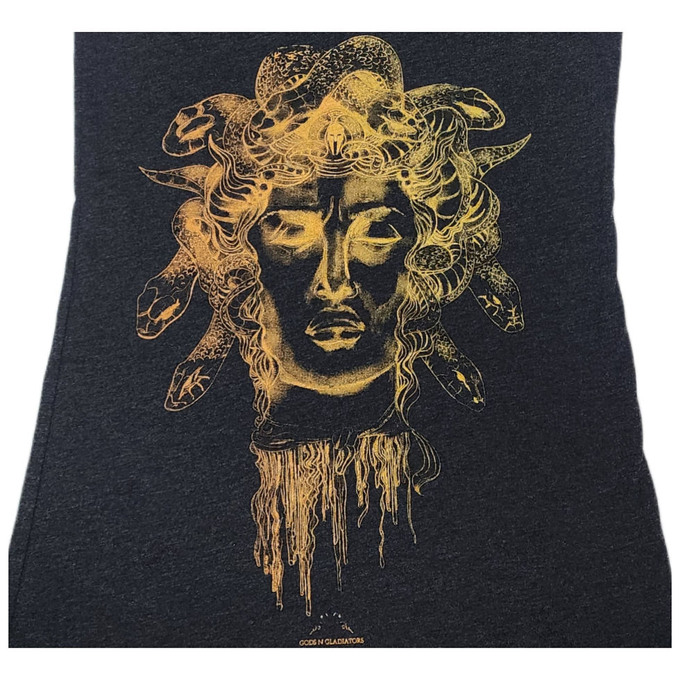 Thumbnail: Full view of the Medusa Graphic Racerback Tank laid flat, showing the racerback cut and golden Medusa head print.
