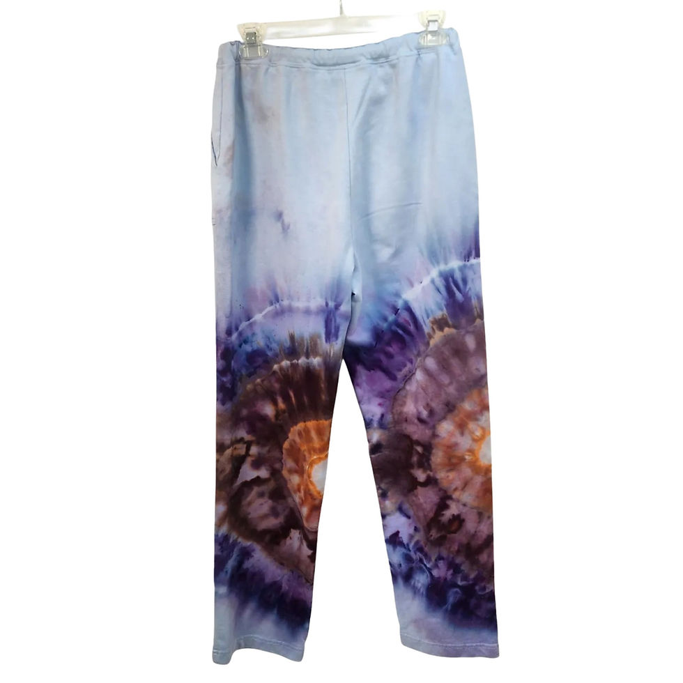 Thumbnail: Rear view of reworked vintage Liz Claiborne sweatpants showing continuation of the purple and rust-colored ice-dye pattern.