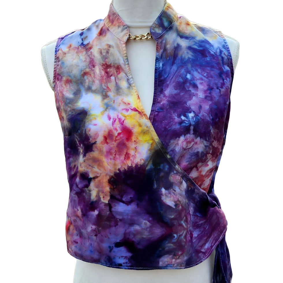 Front view of the Jones NY sleeveless wrap top, showing the V-neck, mock collar, and complex multi-color ice tie-dye pattern.
