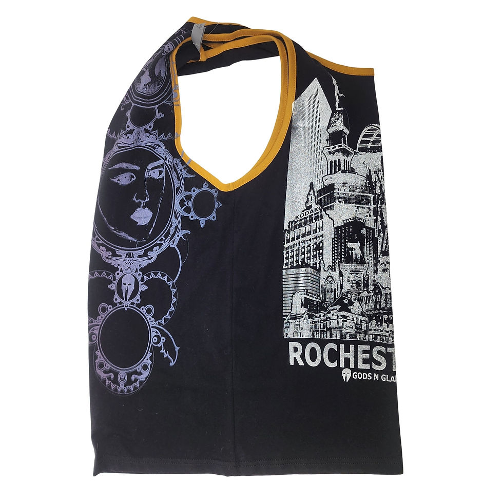 Close-up of the S front showing the white Rochester Cityscape and the red/orange masked face monoprints.