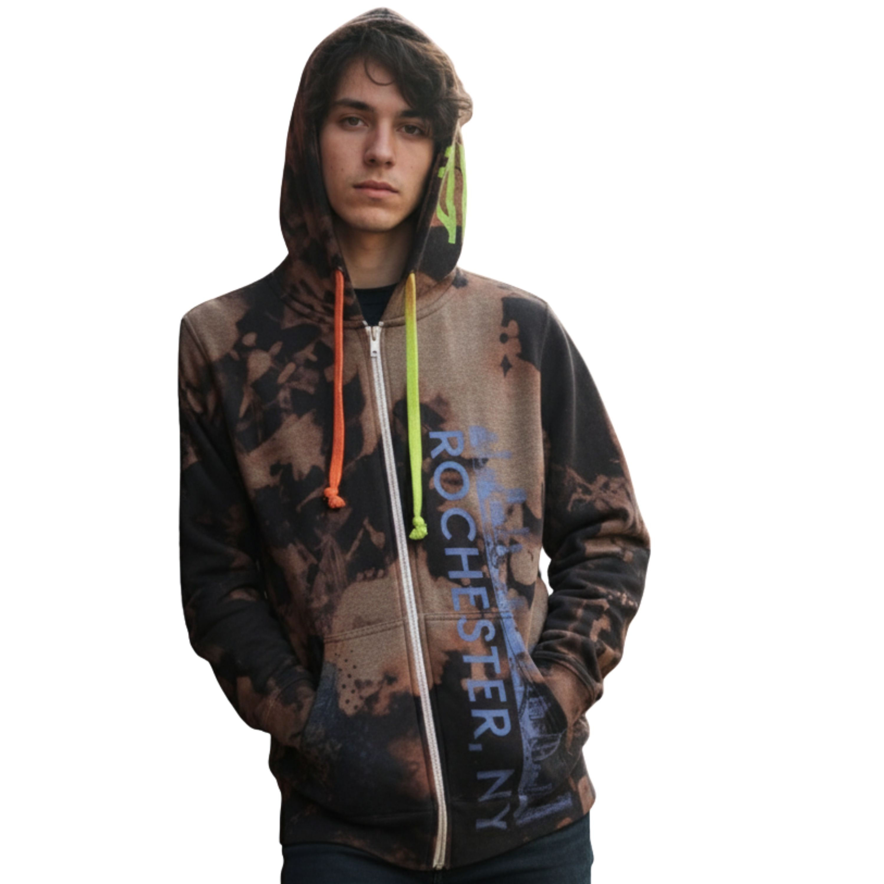 Front view of XS brown/black Tie-Dye Zip-Up Hoodie on model, highlighting blue vertical ROCHESTER, NY text.