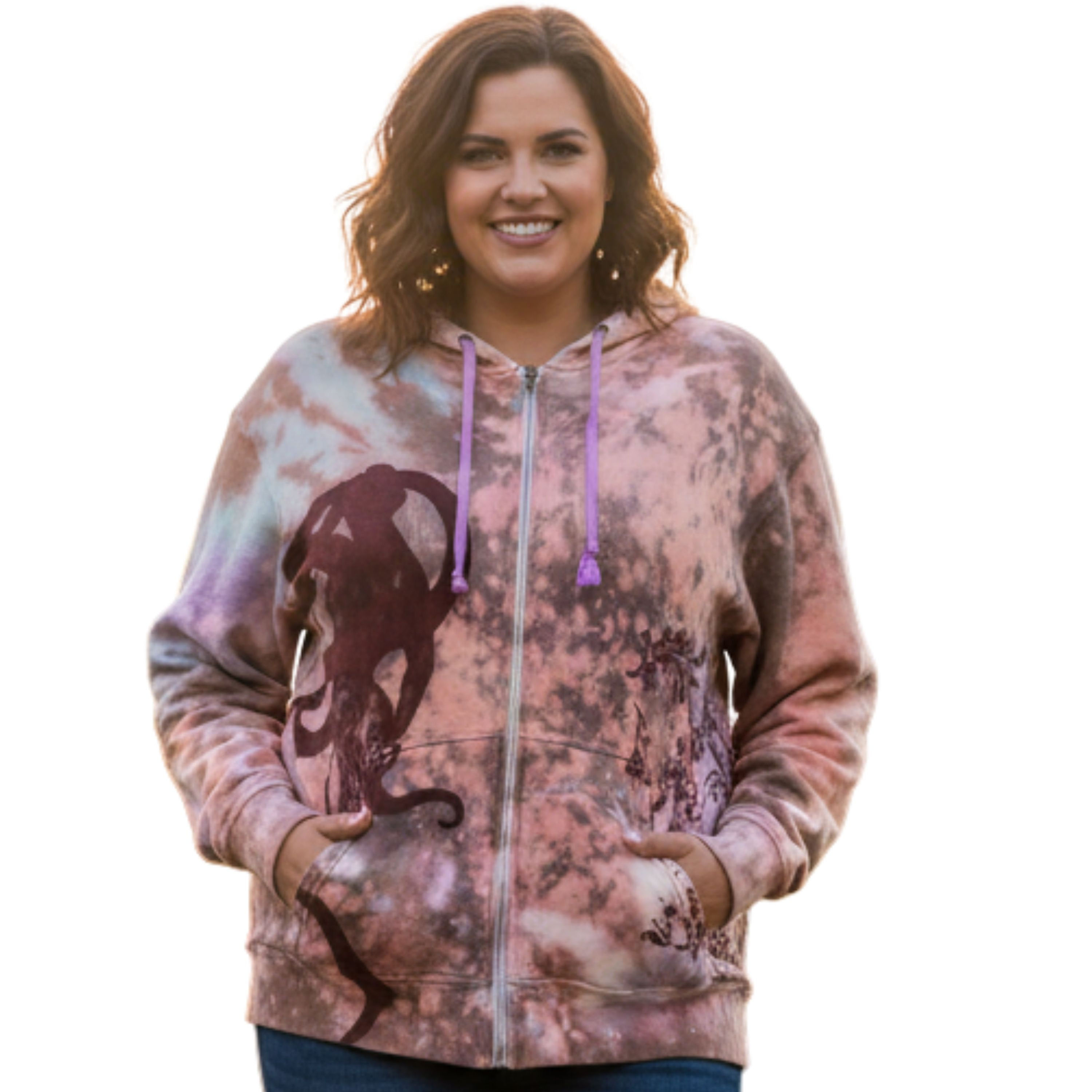 Front view of the 3XL multi-color Zip-Up Hoodie on a model, highlighting the Warrior figure and ornamental scrollwork.