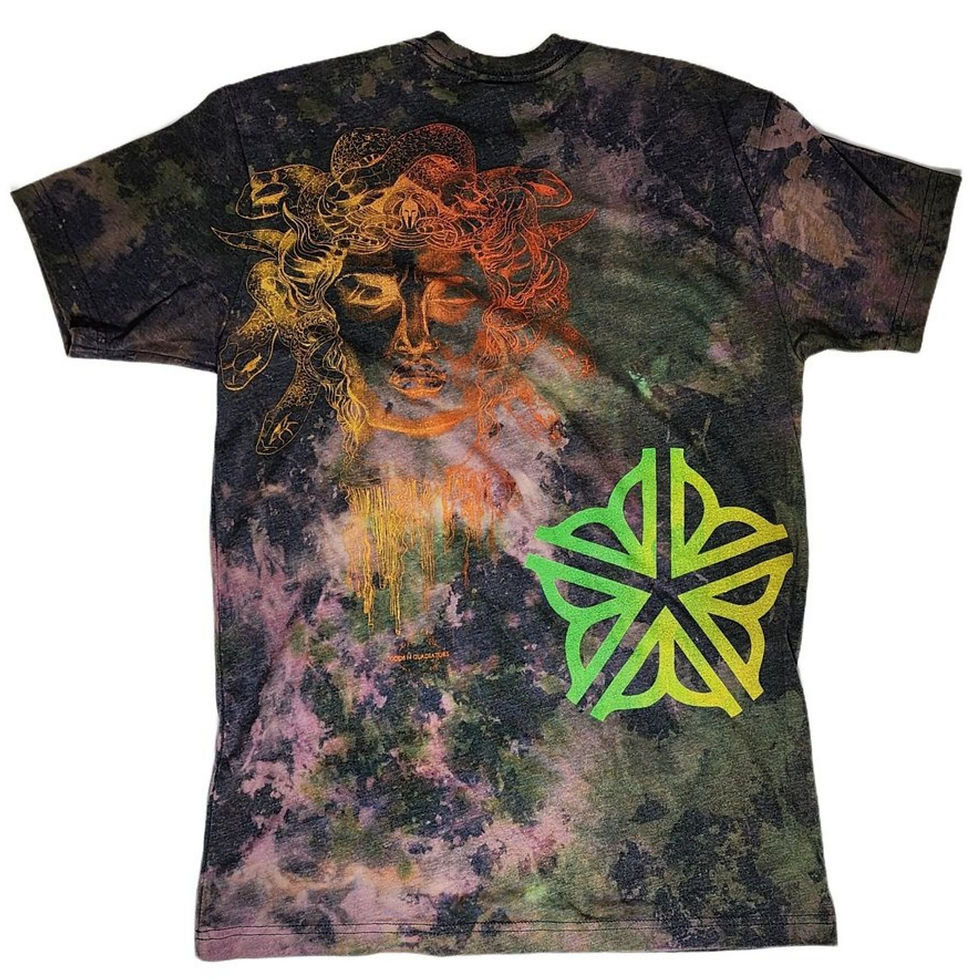 Thumbnail: Back view of S tie-dye shirt featuring orange/yellow Medusa graphic and green ROC Mandala.