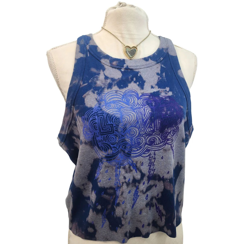 Thumbnail: Mannequin wearing  Bleach Dyed Ribbed Cropped Tank with Love Struck graphic on front.