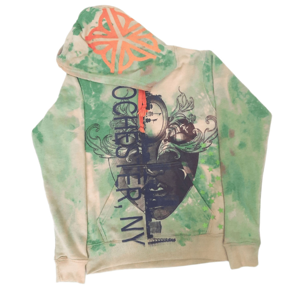 Front view of the XS green bleach-dyed pullover hoodie featuring the portrait graphic.