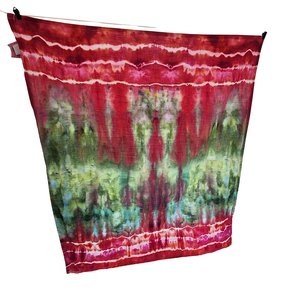 Thumbnail: 28 inch cotton dish towel featuring horizontal tie dye stripes in neon green, teal, and bright red borders.