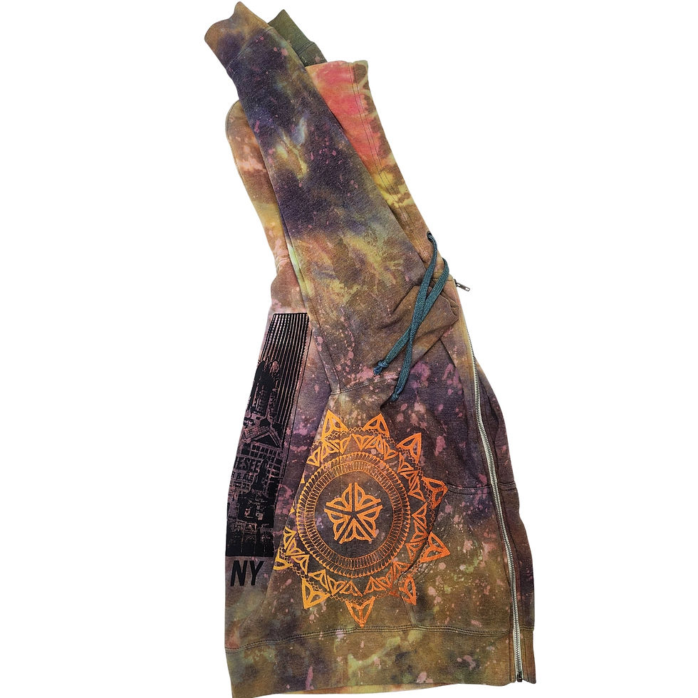 Thumbnail: Side view of the S Zip-Up Hoodie detailing the orange ROC Mandala on the front and the black Rochester Cityscape on the back.