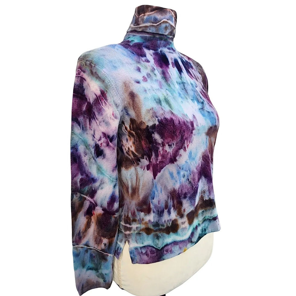 Thumbnail: Side profile of fitted Reworked Tie-Dye Turtleneck Sweater showing ribbed texture.