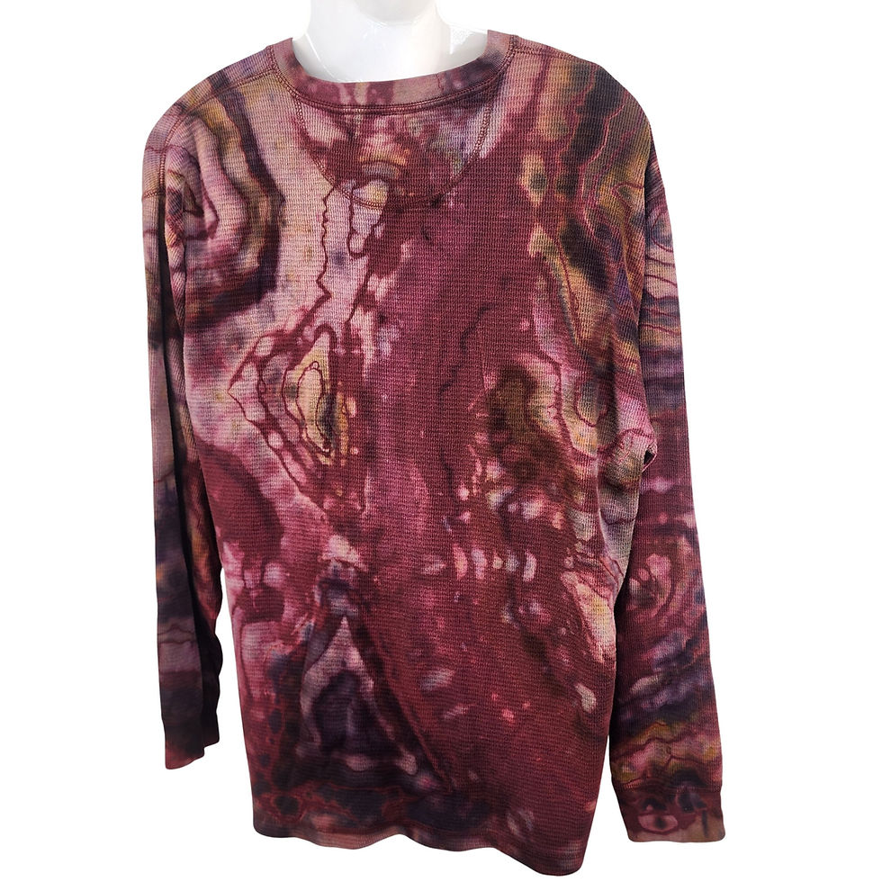 Thumbnail: Back view of a long-sleeve hand-dyed waffle knit shirt showing intricate crystalline dye patterns in reddish-brown tones.