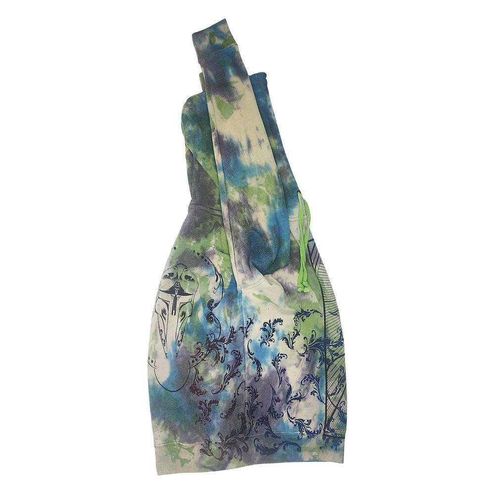 Thumbnail: Side view of tie-dyed pullover hoodie, green and blue.