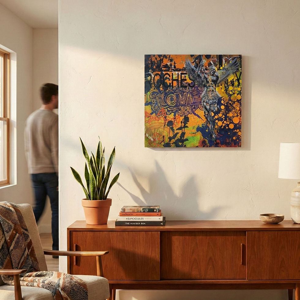 Thumbnail: Love Struck Archangel monoprint artwork hanging in living room