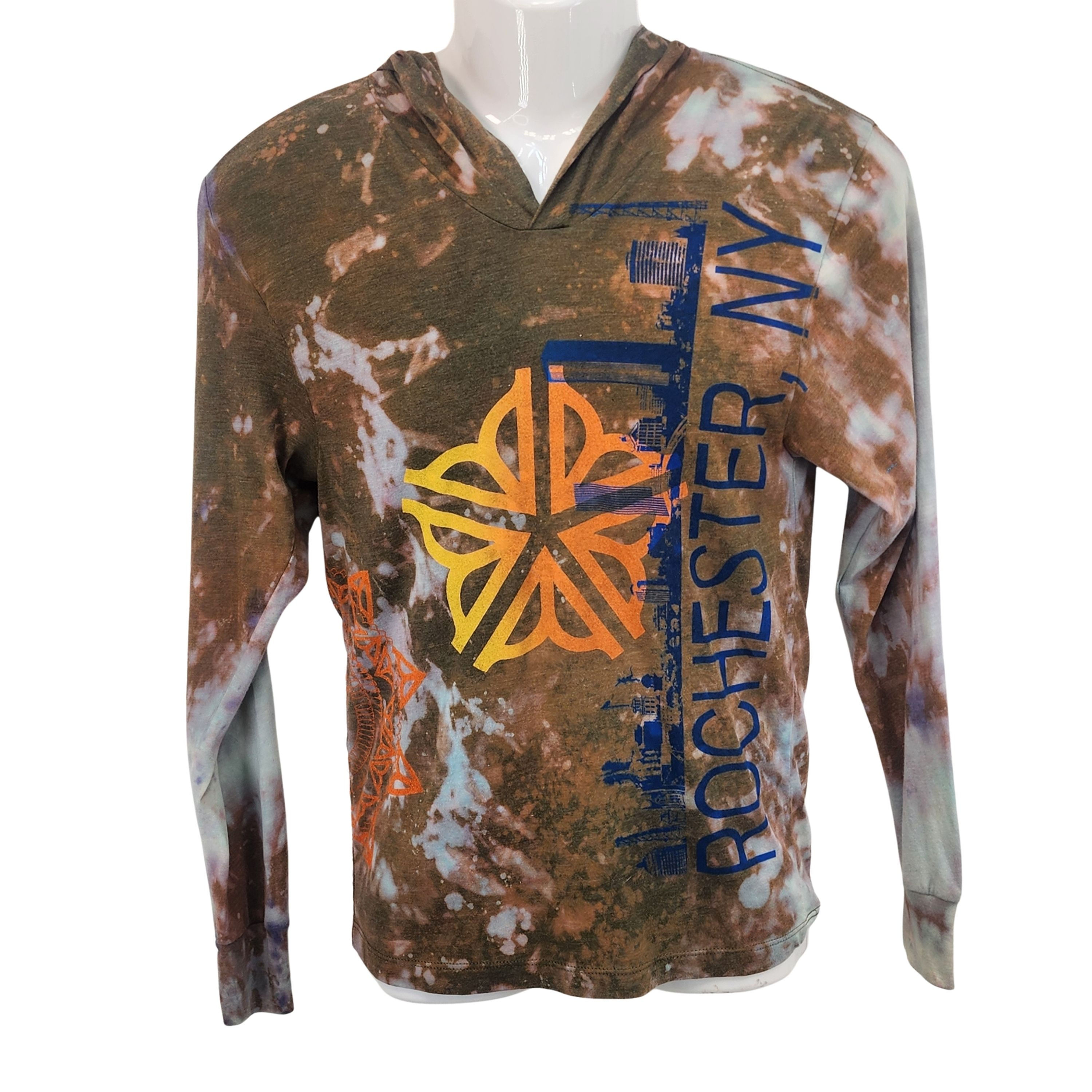 Front view on mannequin of an XS bleach-dyed hooded t-shirt with original screen-printed city skyline and floral artwork.