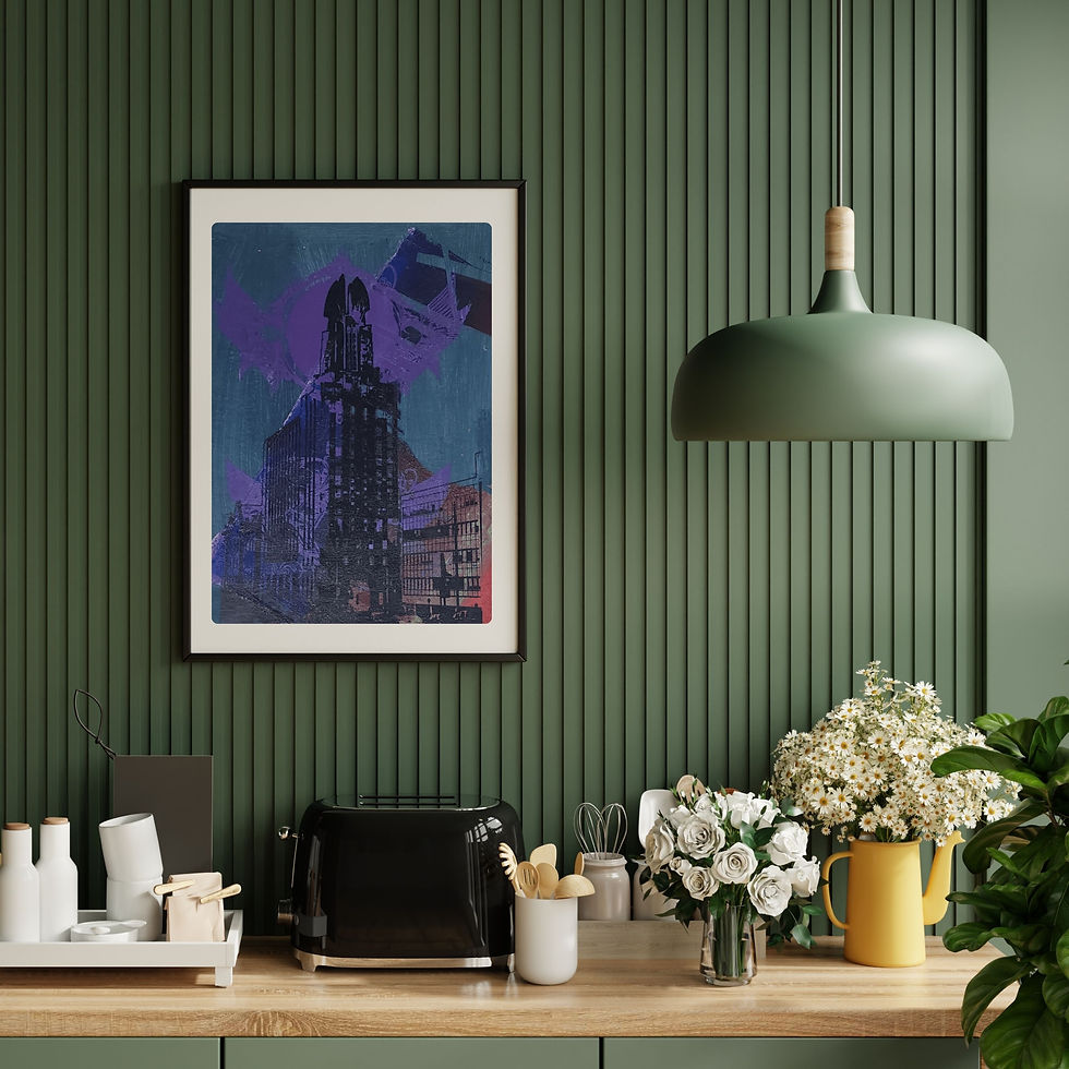 One-of-a-kind Rochester Architecture Print showing the Times Square Building  a cool blue abstract background, 13x19 in.