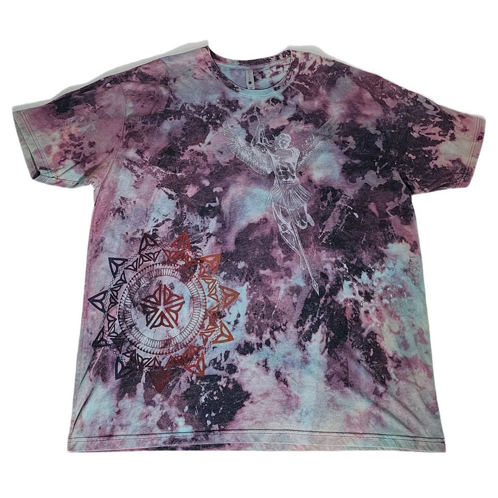 Front view of 3XL OOAK tie-dye shirt with winged figure and ROC Mandala.