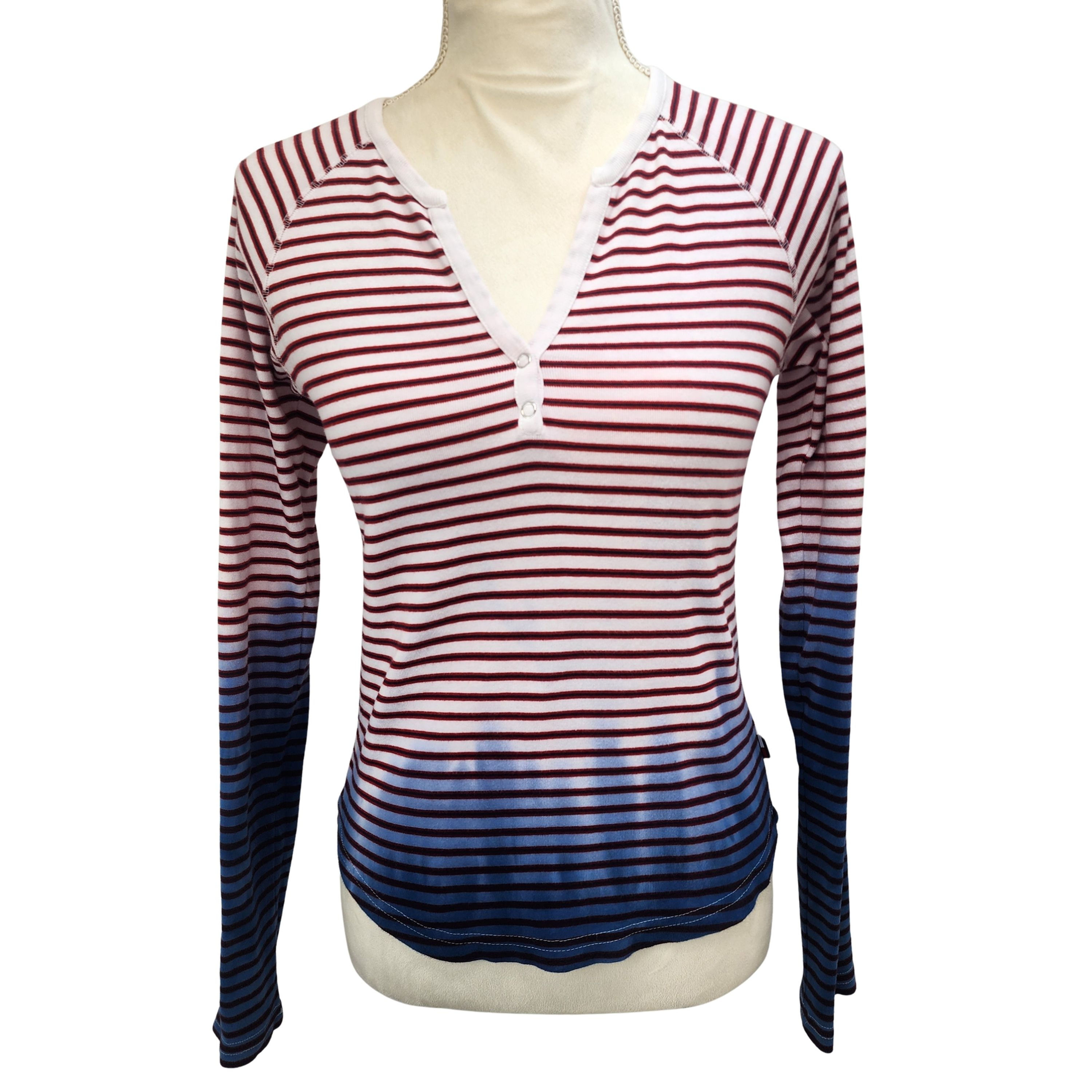 A hand-dyed Tommy Hilfiger reworked top shown with measuring tapes indicating the chest, length, and sleeve dimensions.