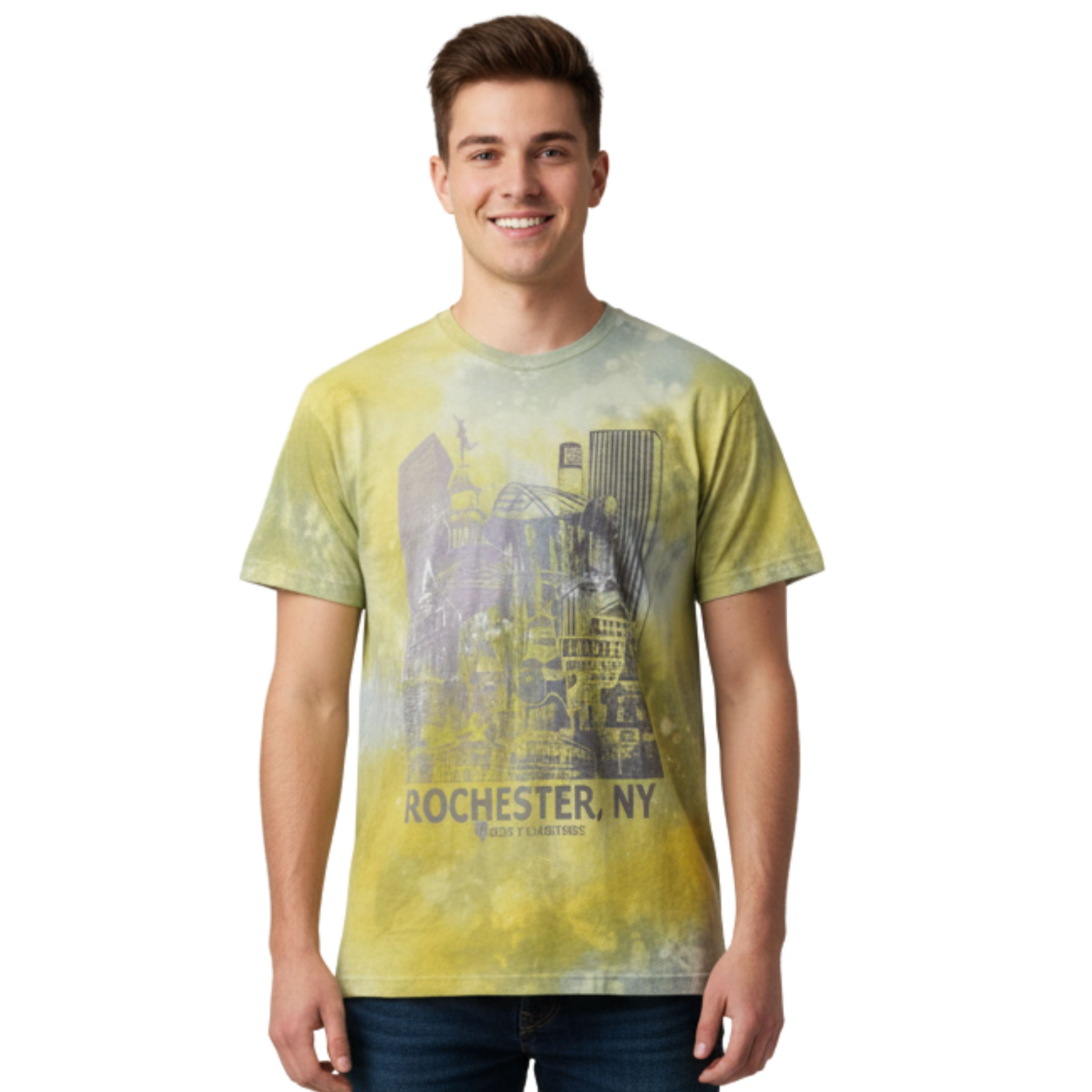 Main view, male model wearing OOAK Yellow/Green tie-dye shirt with Cityscape graphic.