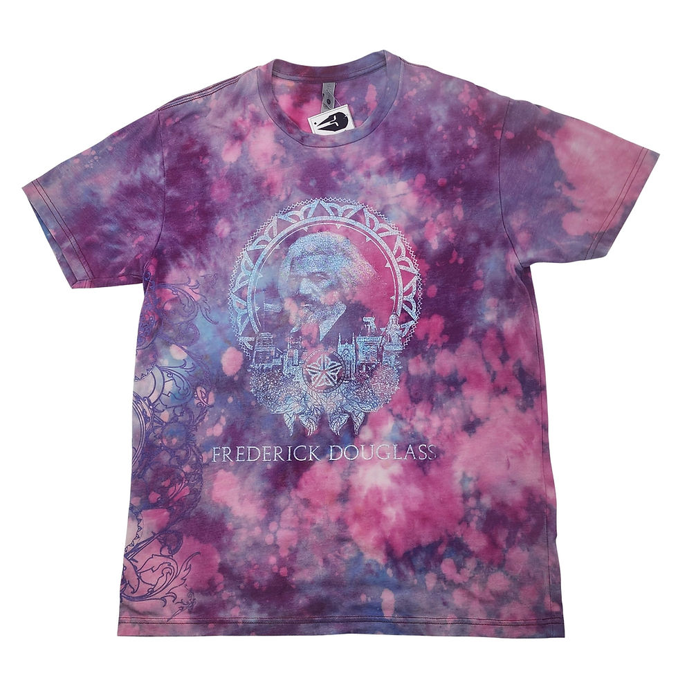 Thumbnail: OOAK Unisex Crewneck Tie-dye T-Shirt in pink and purple with a silver Frederick Douglass portrait, black Rochester