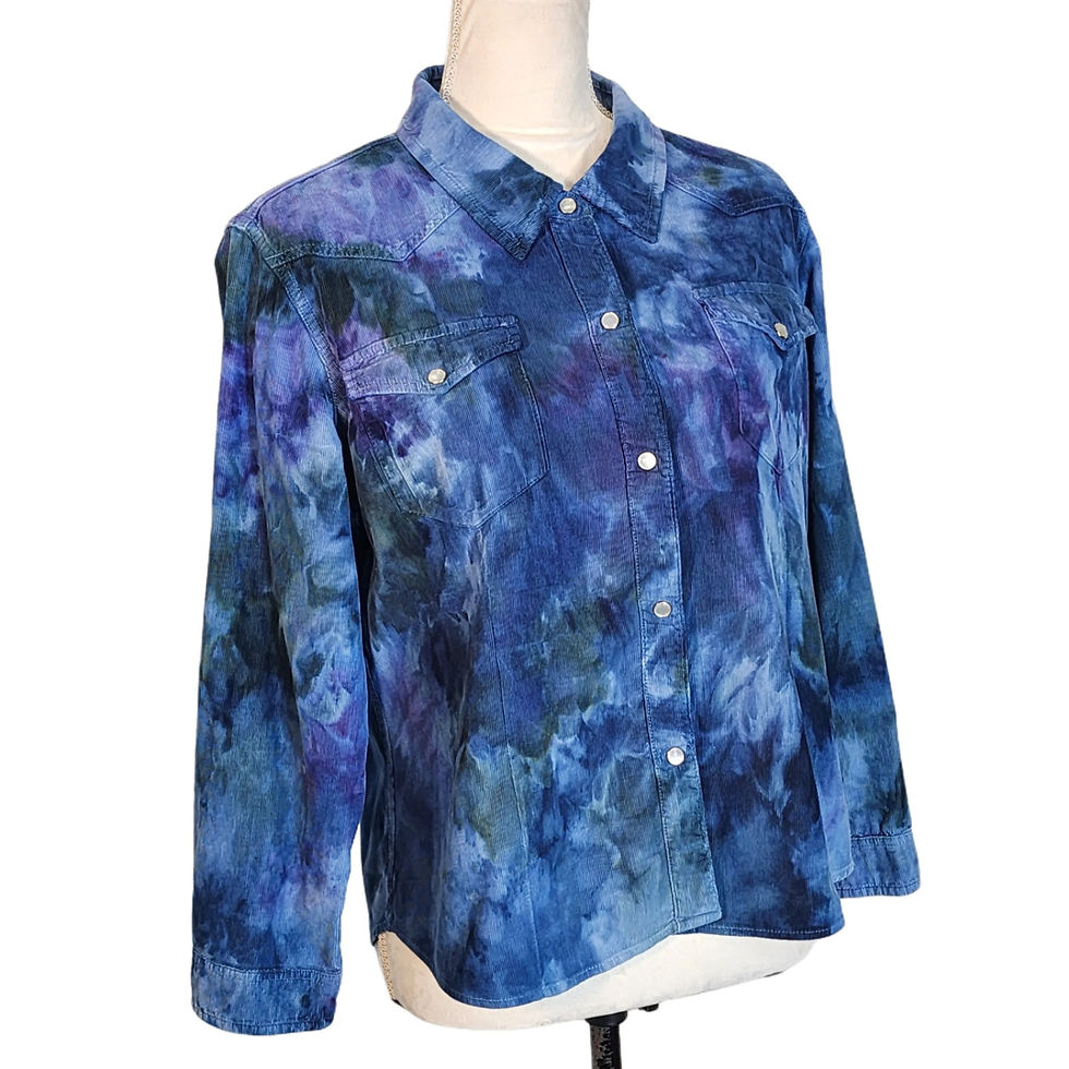Front view of the Ralph Lauren Corduroy Shirt, showing the ice tie-dye, snap buttons, and chest pockets. (Condition: Vintage