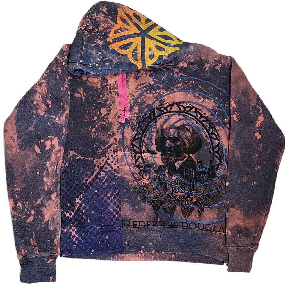 Front view of the S dark bleach-dyed pullover hoodie featuring the Frederick Douglass graphic.