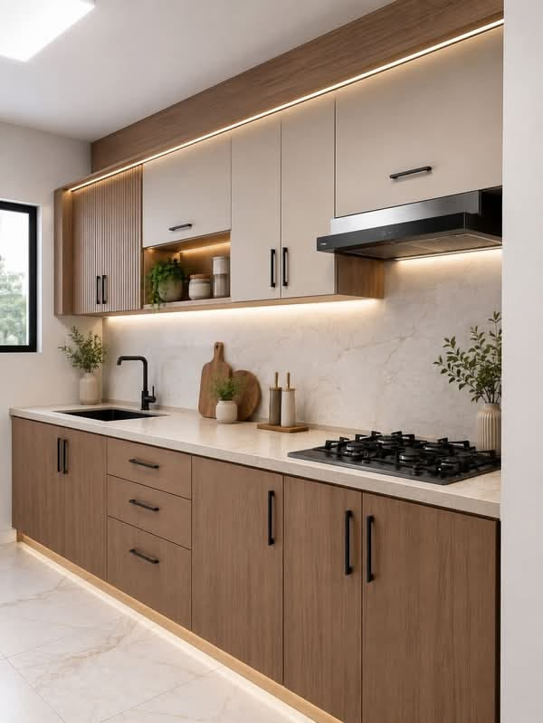 Modern beige-and-wood kitchen with under-cabinet lights, black faucet and gas cooktop, plus plants and cutting boards.