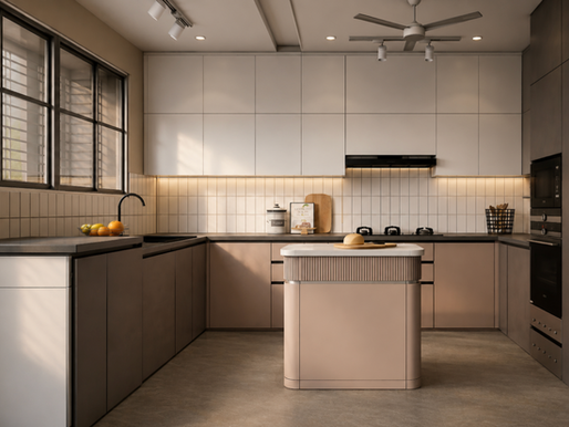 Warm modern kitchen with beige cabinets, island, fruit bowl, black fixtures, and sunlight through large windows.