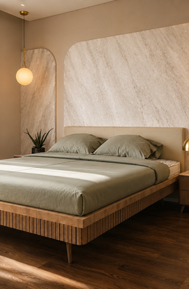 Modern Japandi bedroom design with a custom wooden slatted bed and textured accent wall panel from a client review.