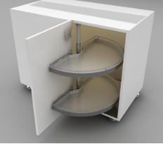 White corner cabinet with two pull-out half-moon shelves, open to show beige storage trays inside.