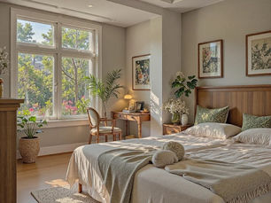 A country home style sunlit cozy bedroom with a neatly made bed, wooden headboard, desk, plants, and framed art by a large window.