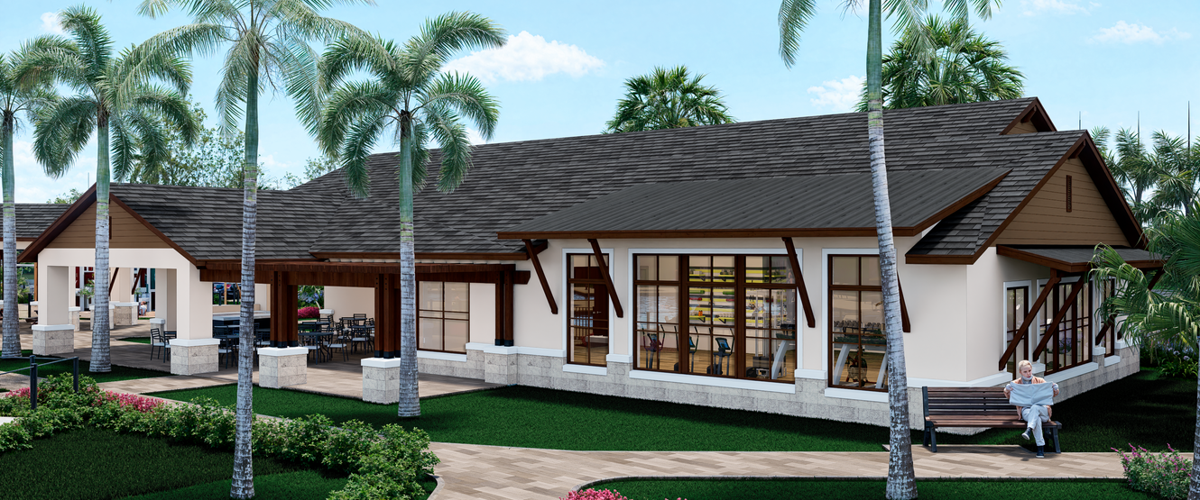 Curved pedestrian walkway with tropical landscaping approaching a shaded pavilion in a Southwest Florida amenity center