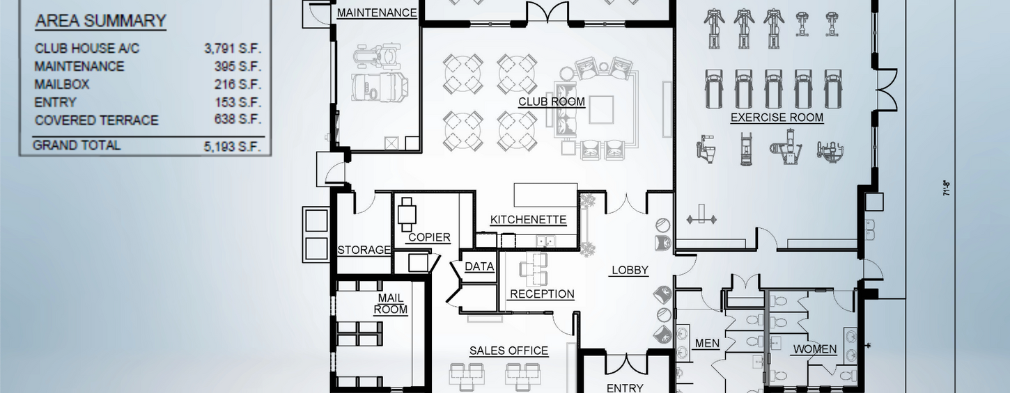 Mallory Townhomes clubhouse floor plan showing club room, fitness room, lobby, mail room, and covered terrace.