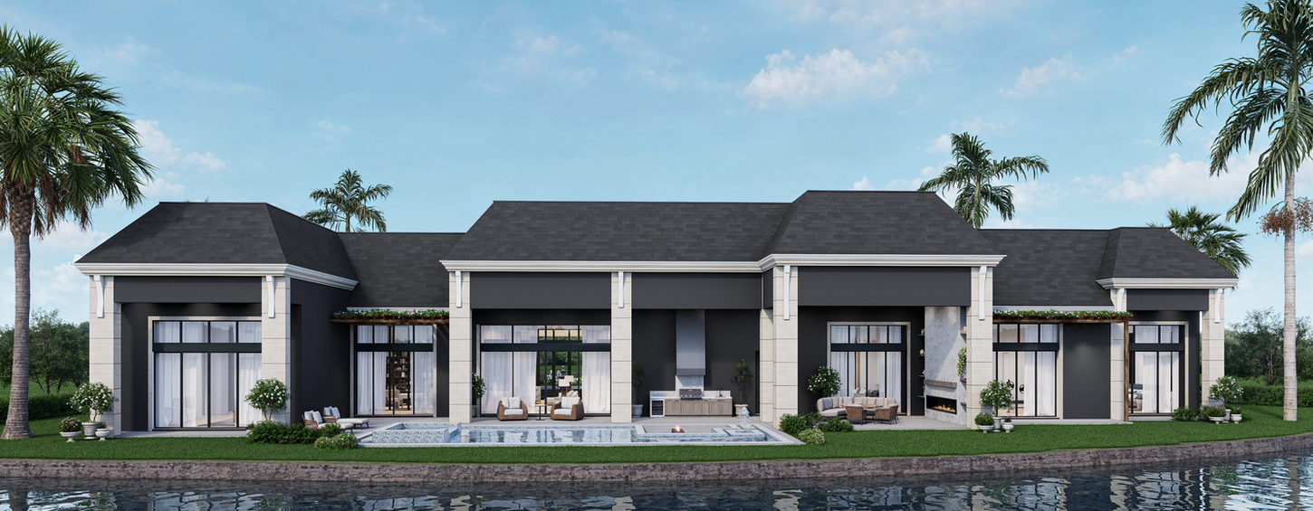 Rear waterfront elevation rendering of the Cypress Island Estate featuring covered outdoor living spaces and modern coastal architecture