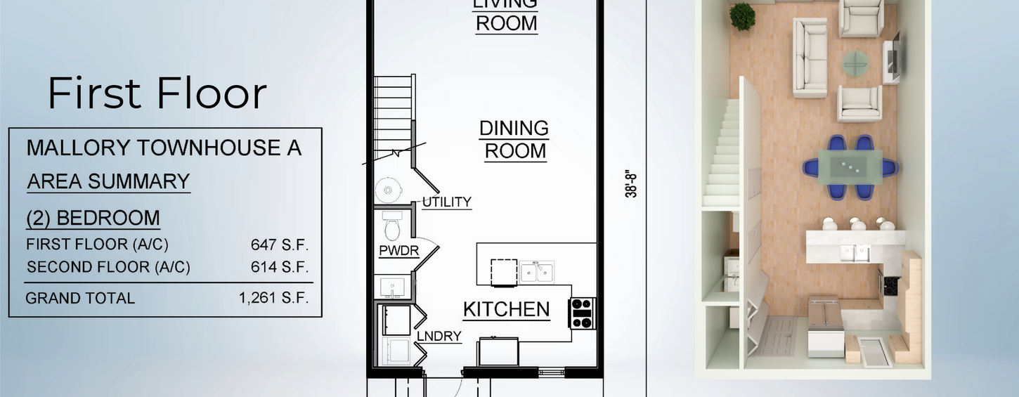 First floor plan of Mallory Townhouse Plan A showing living room, dining room, kitchen, powder room, and stairs.